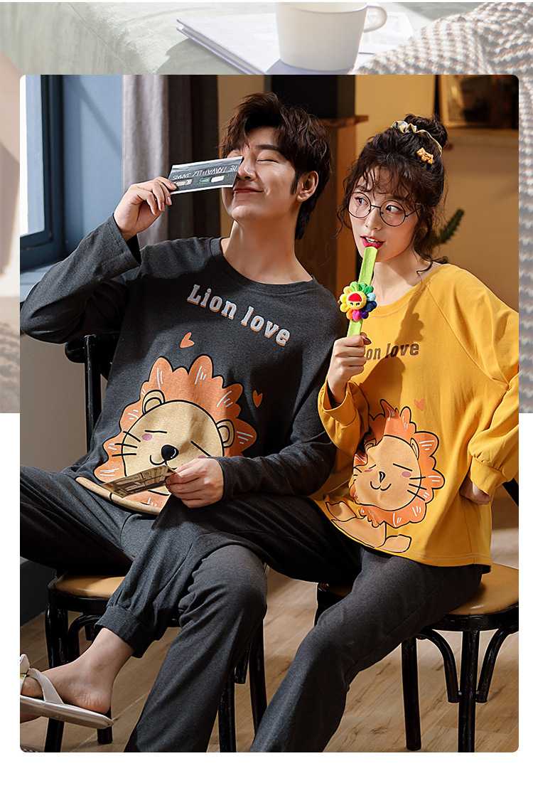 Hooded collarless lively cute cartoon new couple knitted cotton pajamas set on sale 23