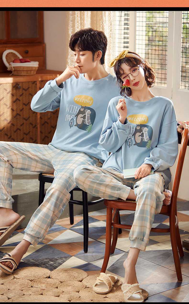 Hooded collarless lively cute cartoon new couple knitted cotton pajamas set on sale 26