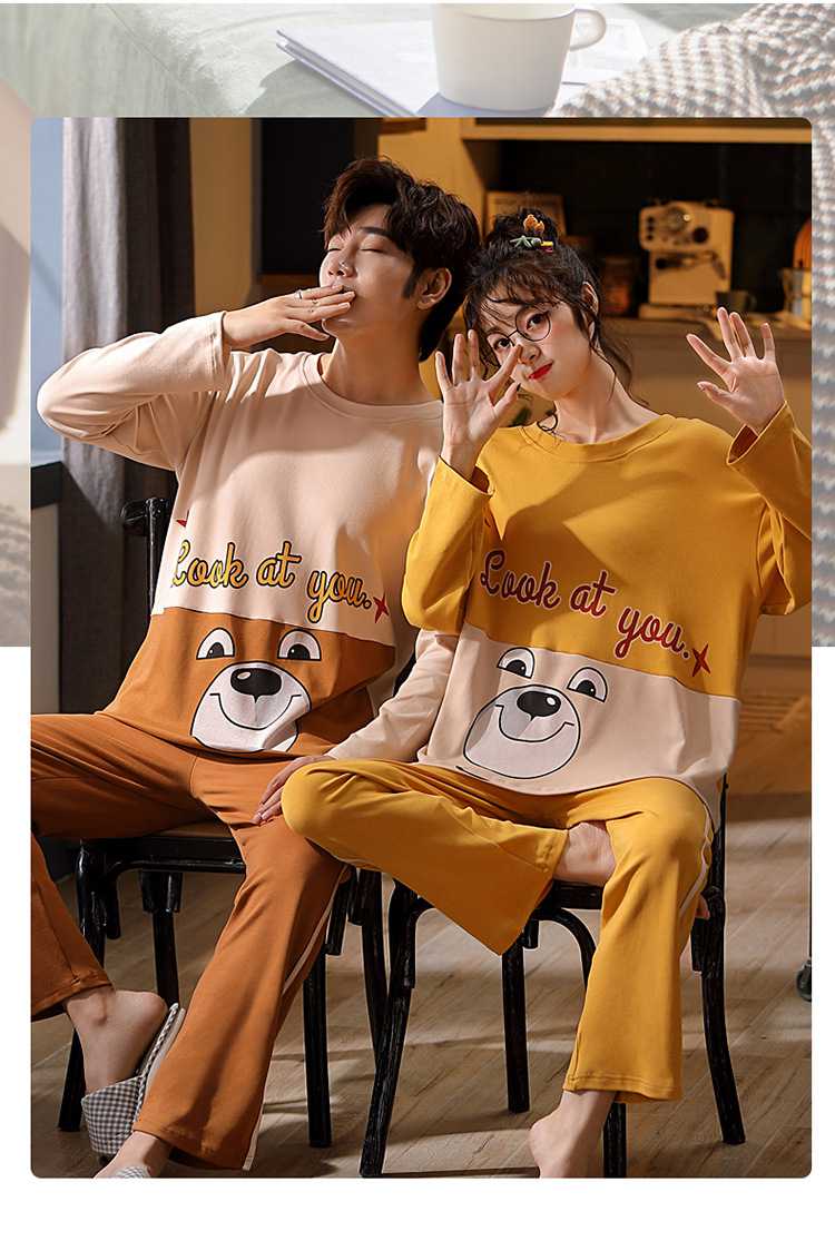 Hooded collarless lively cute cartoon new couple knitted cotton pajamas set on sale 3