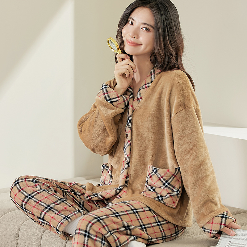 Coral velvet plus velvet plaid coffee color couple pajamas can be worn outside on sale 1