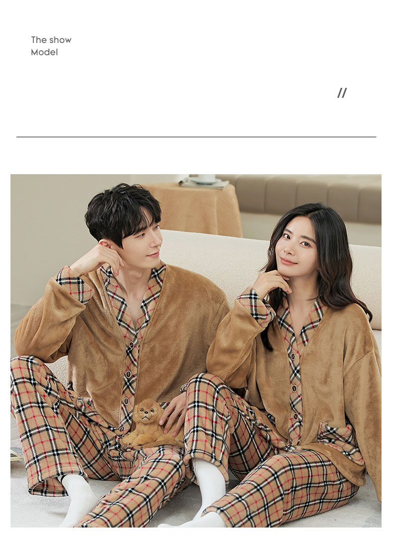 Coral velvet plus velvet plaid coffee color couple pajamas can be worn outside on sale 2