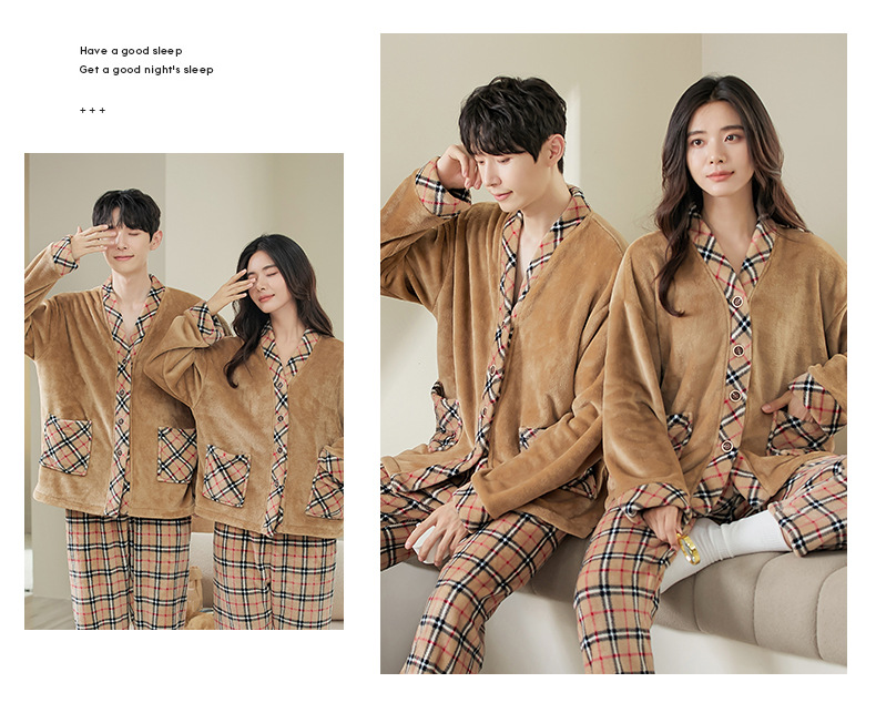 Coral velvet plus velvet plaid coffee color couple pajamas can be worn outside on sale 3