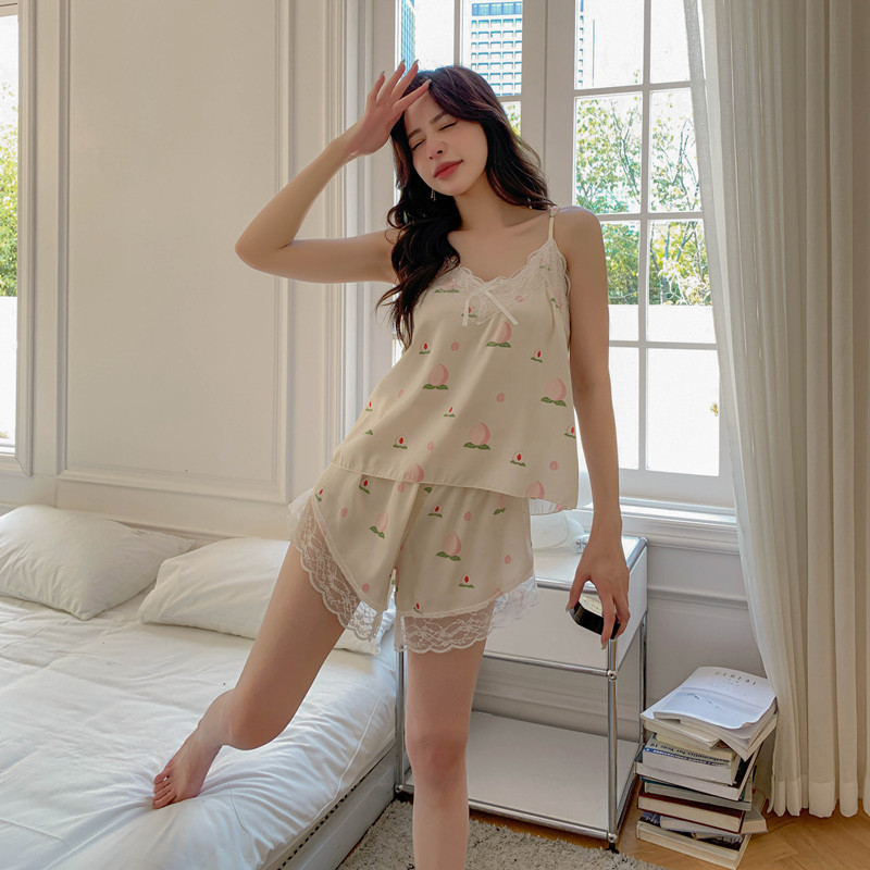 Summer snow silk cute sweet princess style suspenders shorts small floral womens pajamas on sale 18
