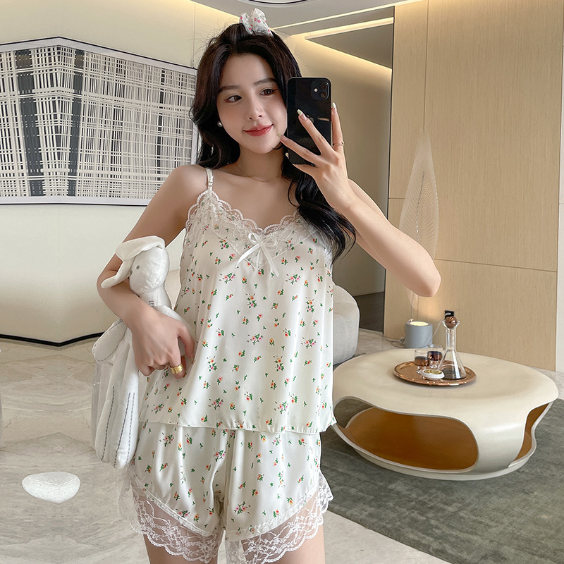 Summer snow silk cute sweet princess style suspenders shorts small floral womens pajamas on sale 2