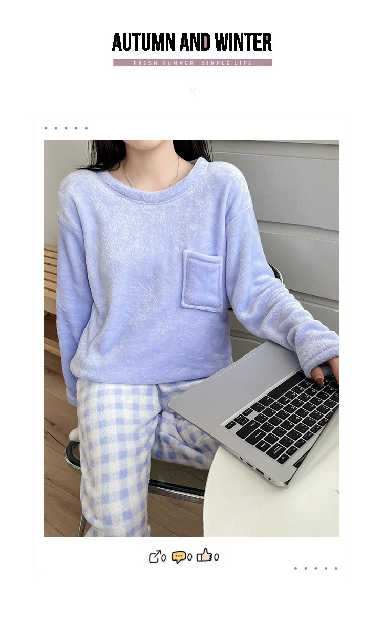 Flannel Solid Color Pullover Top Plaid Pants Simple Thin Home Clothing Suits on sale 4