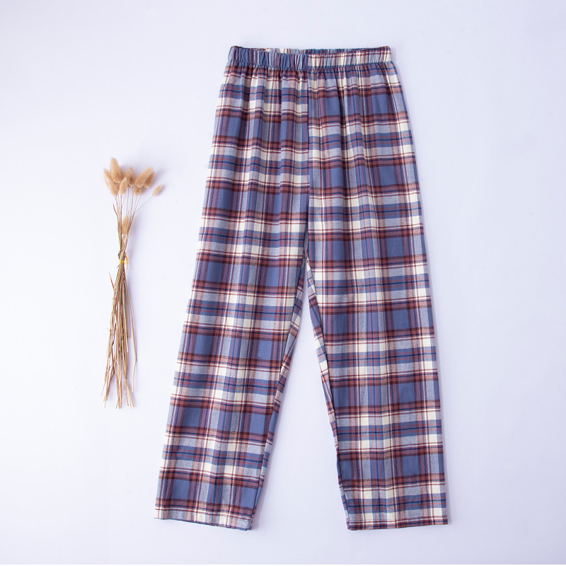Plaid cotton and linen long loose and wearable men's pajama pants on sale 7