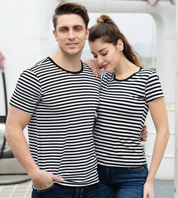 Bamboo Fiber Stripe T-Shirt Round Neck Half Sleeve Couple Sleepwear on sale 6