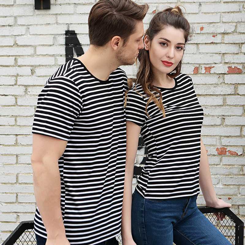 Bamboo Fiber Stripe T-Shirt Round Neck Half Sleeve Couple Sleepwear on sale 10