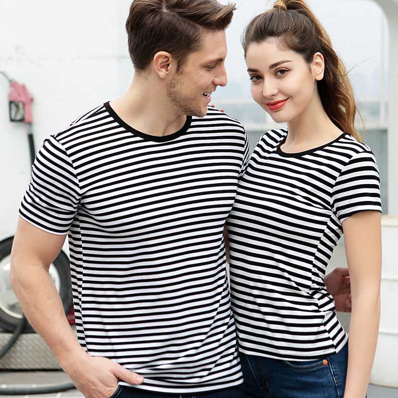 Bamboo Fiber Stripe T-Shirt Round Neck Half Sleeve Couple Sleepwear on sale 11