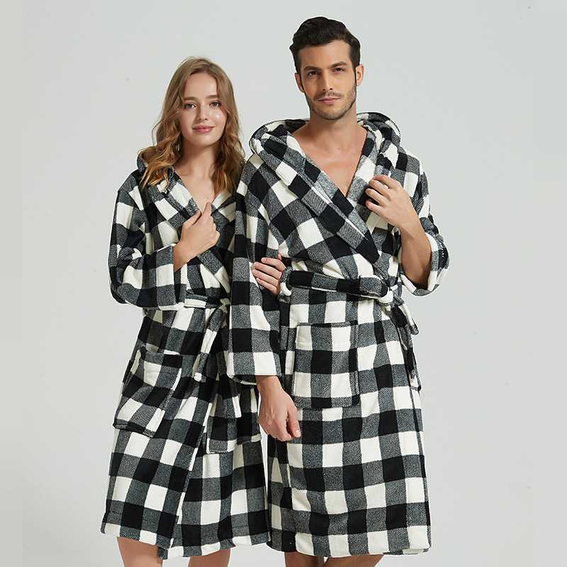 Flannel Plaid Couples Nightgown Simple Thickened Lacing Strap Home Clothes on sale 8