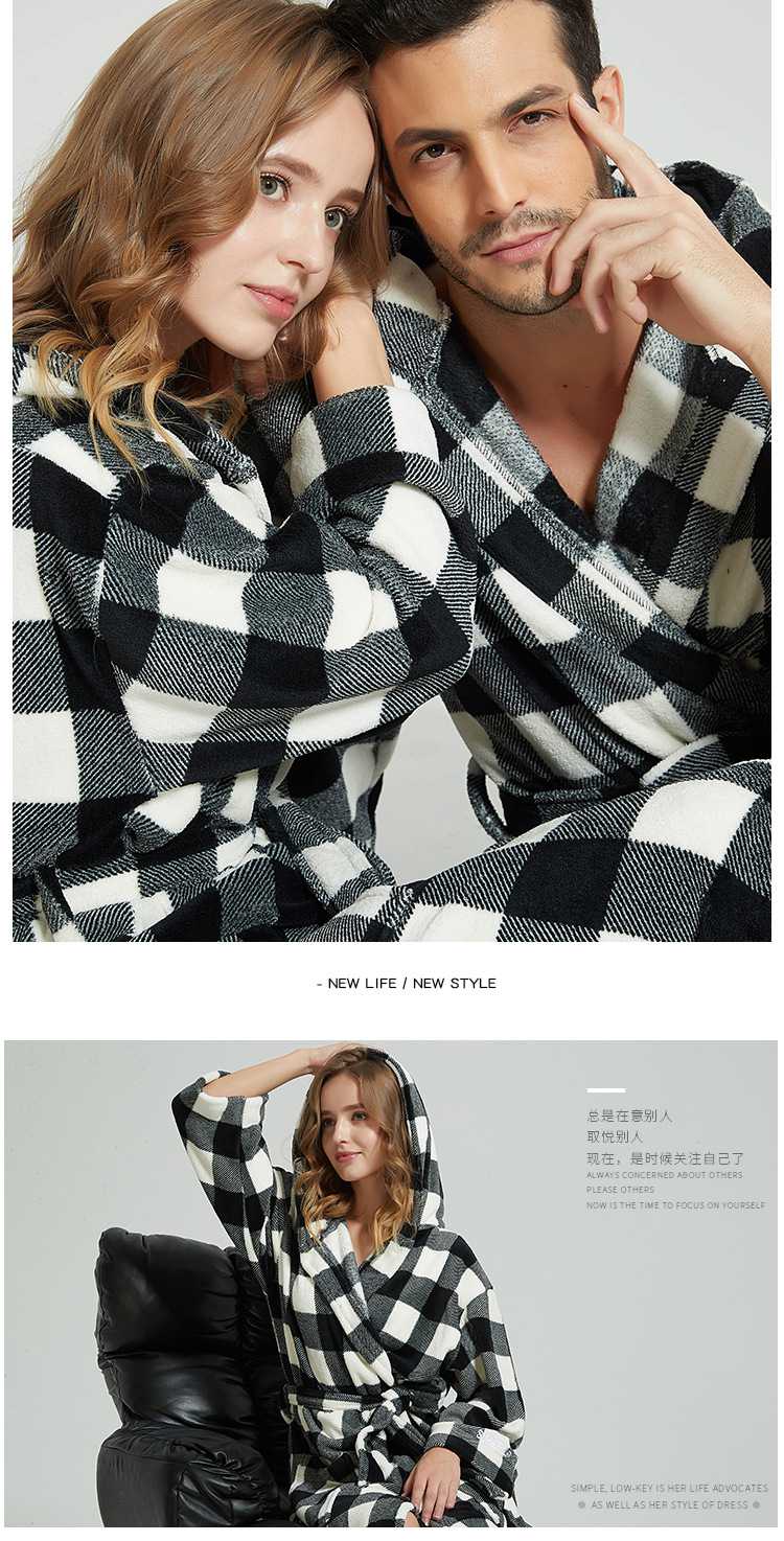 Flannel Plaid Couples Nightgown Simple Thickened Lacing Strap Home Clothes on sale 4
