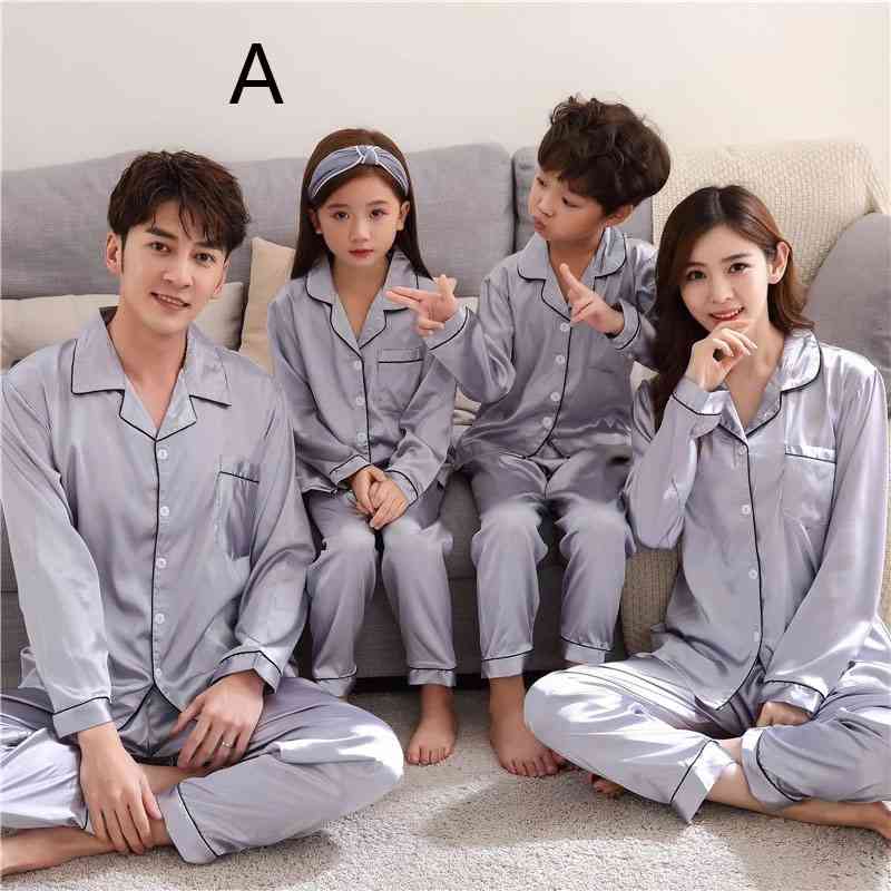 Silk Mother and Daughter Family of Three Outfit Ice Silk Parent-child Pajamas on sale 7