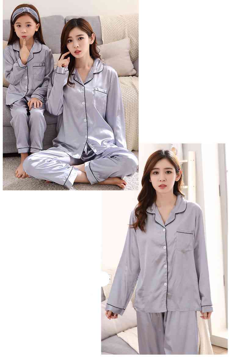 Silk Mother and Daughter Family of Three Outfit Ice Silk Parent-child Pajamas on sale 9