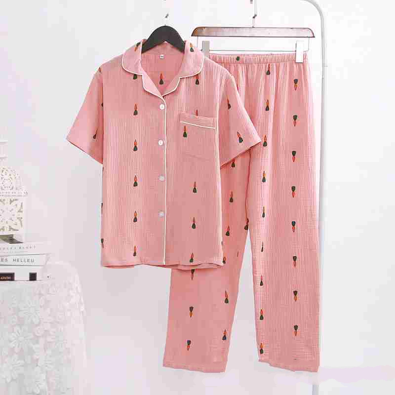 Spring cotton double gauze home service thin section crepe parent-child family wear pajamas on sale