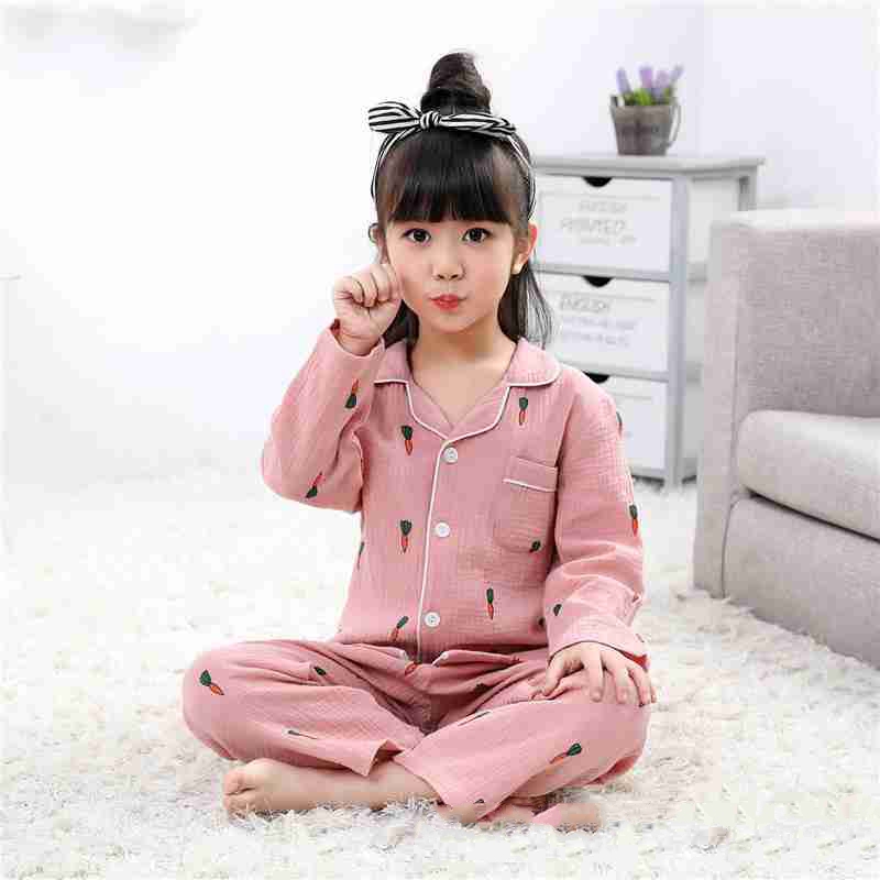 Spring cotton double gauze home service thin section crepe parent-child family wear pajamas on sale