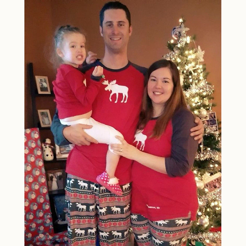 Knitted cotton parent-child Christmas elk animal print family pajamas on sale 1
