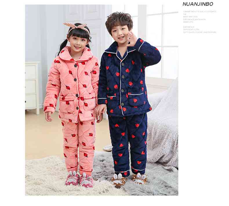 Parent-child strawberry three-layer quilted thickened pajamas home service suit on sale