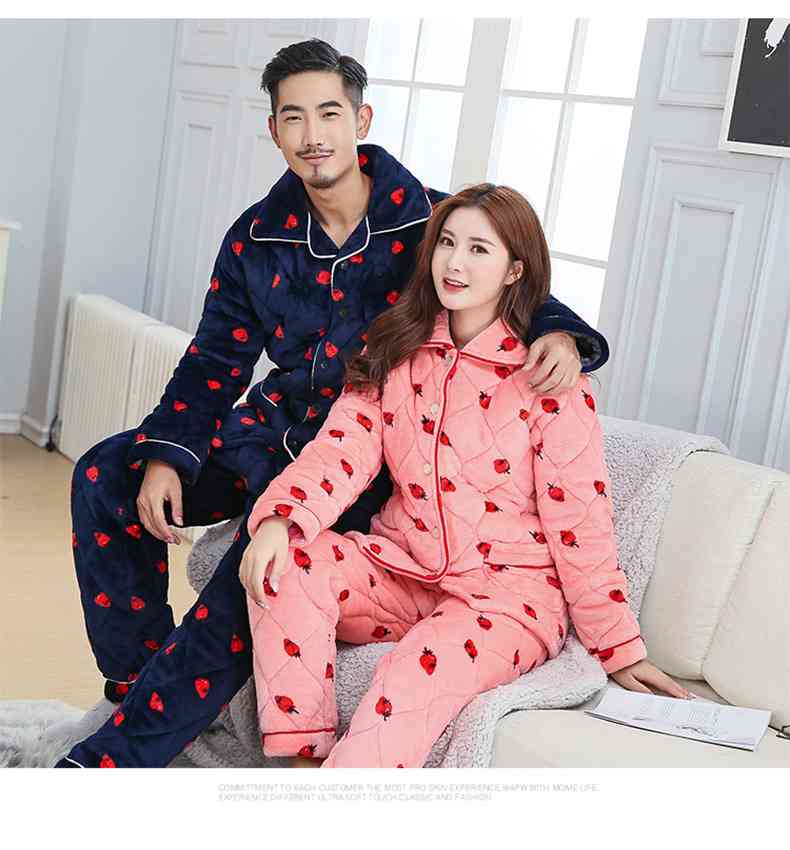 Parent-child strawberry three-layer quilted thickened pajamas home service suit on sale