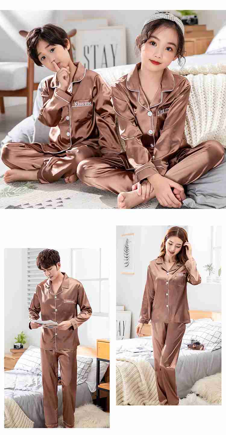 Spring mother and daughter pajamas family fitted ice silk simulation home service suit on sale