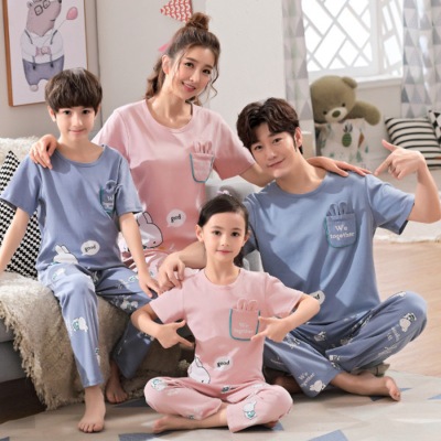 Parent-child pajamas a family of three cotton short-sleeved trousers on sale
