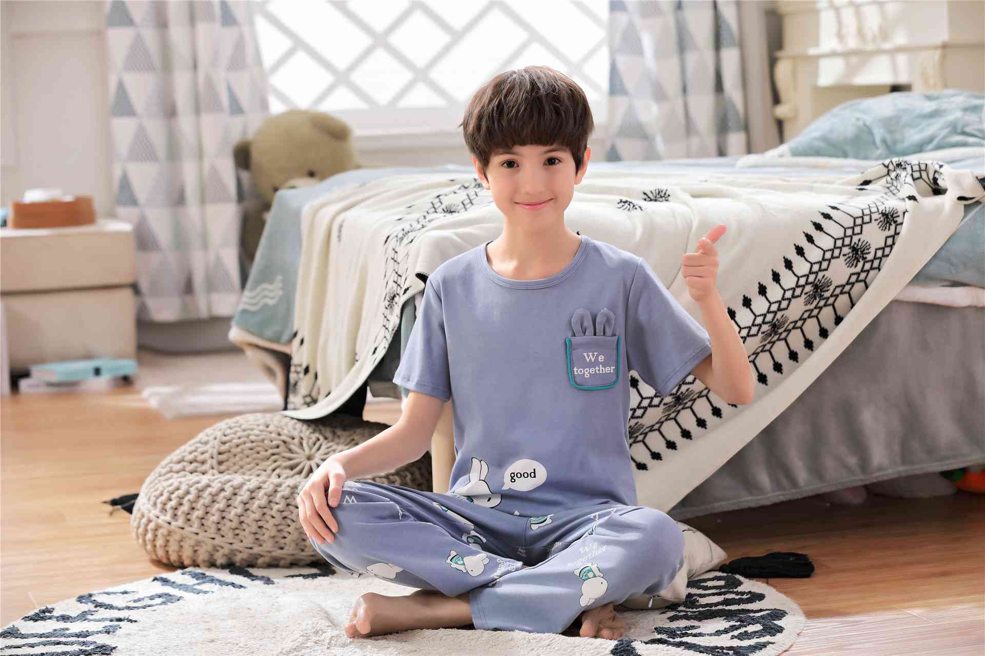 Parent-child pajamas a family of three cotton short-sleeved trousers on sale