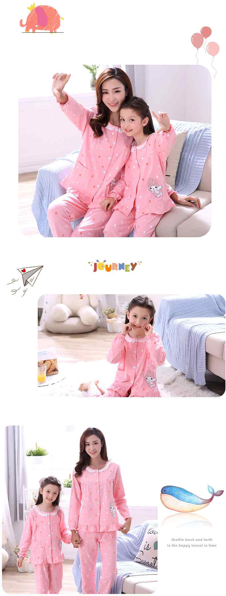Cartoon Parent-child Pure Cotton long-sleeved home service suit pajamas on sale