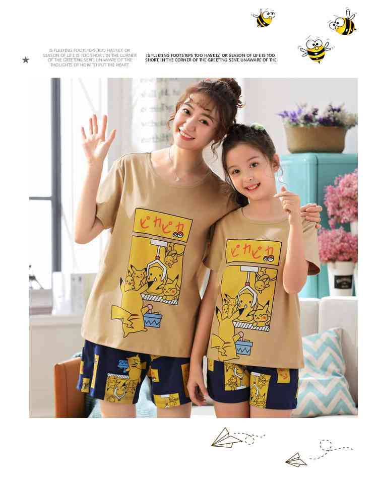 Summer Cotton short-sleeved parent-child family wear small and medium-sized Pikachu Pajamas on sale 5