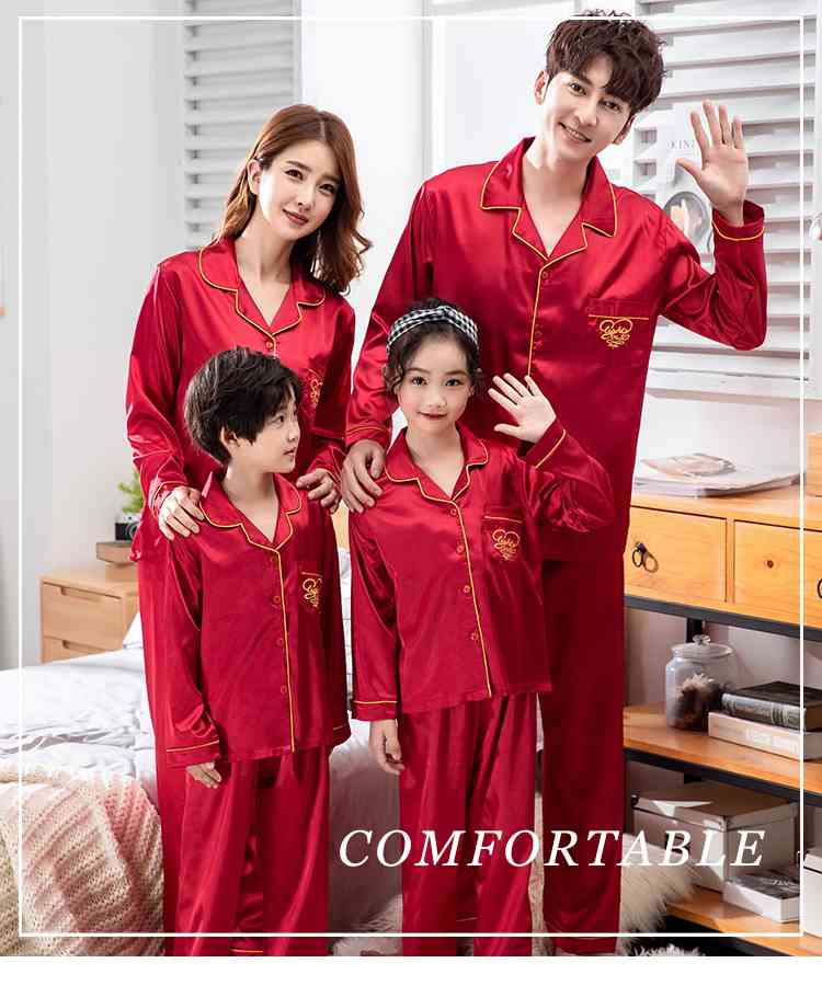 Champagne Gold Ice Silk Long-sleeved Air-conditioned Parent-child Clothing Family Suit on sale 2
