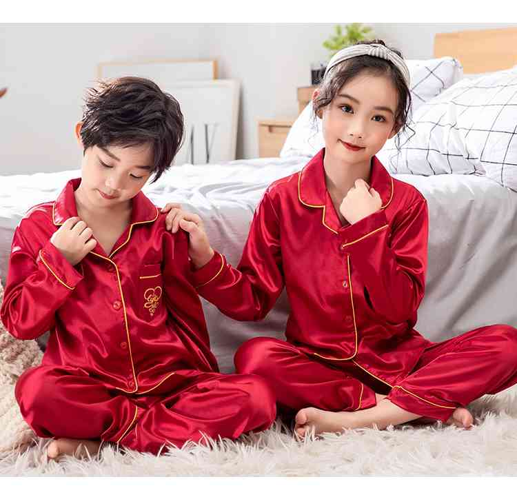 Champagne Gold Ice Silk Long-sleeved Air-conditioned Parent-child Clothing Family Suit on sale 5