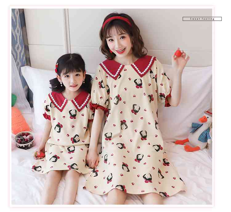 Nightdresses summer short-sleeved parent-child one-piece pajamas Suit on sale 10