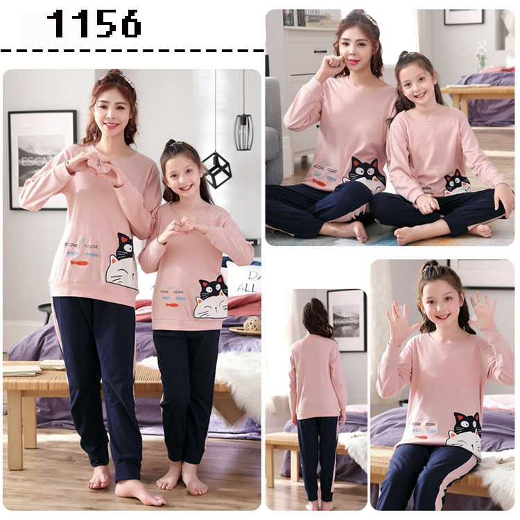 Spring long-sleeved cartoon print mother and daughter parent-child cotton home wear on sale 5