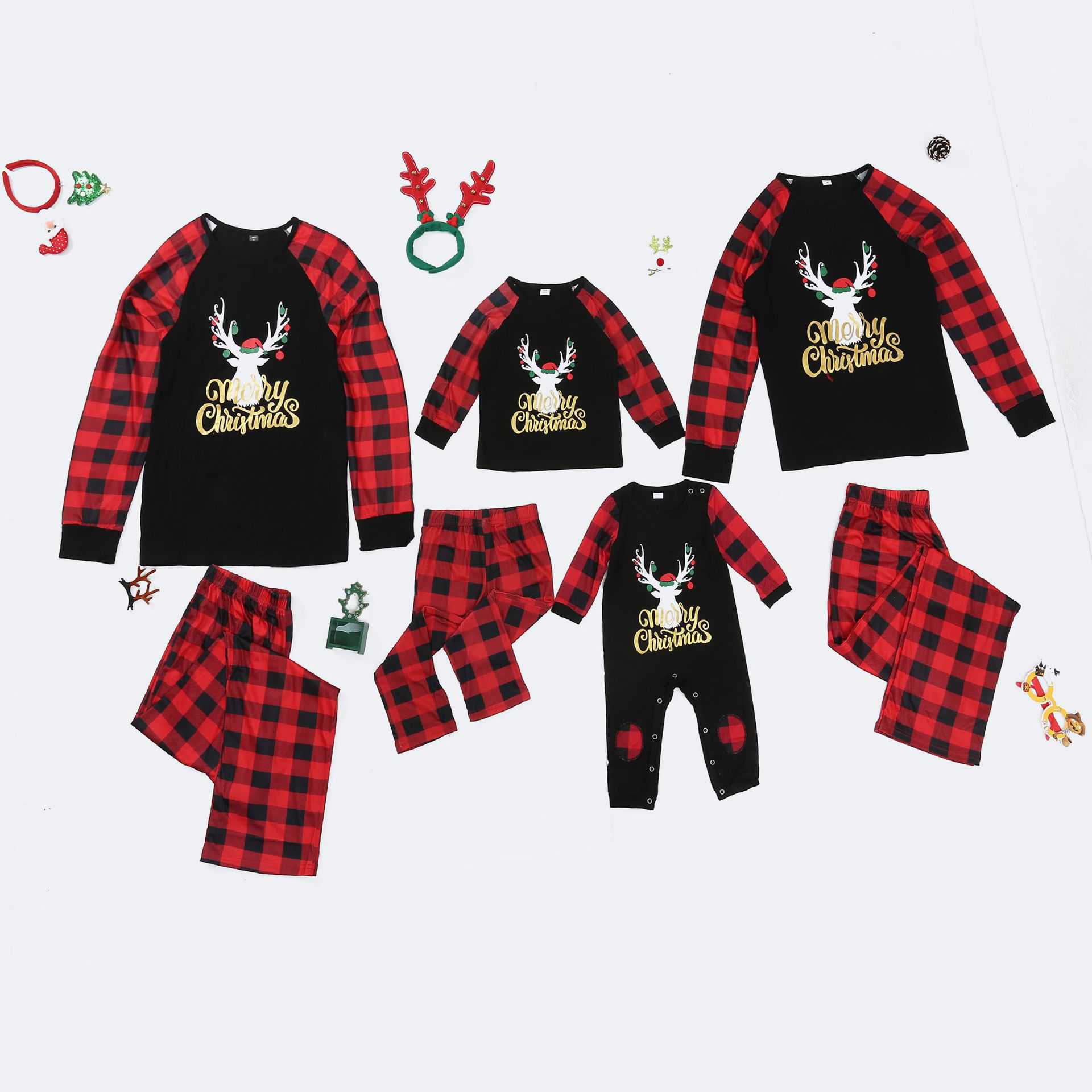 Plaid Letter Christmas Cartoon Animal Print Parent-child Home Wear Pajamas on sale 3