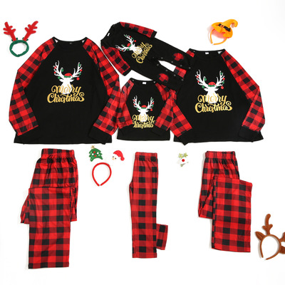 Plaid Letter Christmas Cartoon Animal Print Parent-child Home Wear Pajamas on sale 5