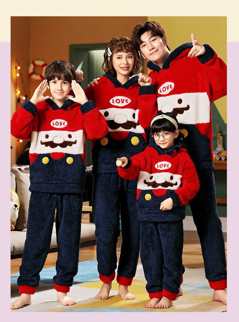 Winter flannel boys and girls plush thick parent-child pajamas for a family of three on sale 6