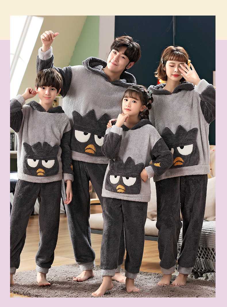 Winter flannel boys and girls plush thick parent-child pajamas for a family of three on sale 11
