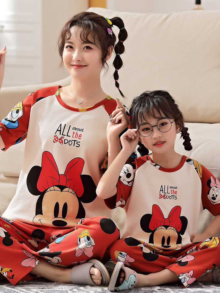 Spring short-sleeved trousers mother and daughter parent-child pure cotton pajamas suit on sale 10