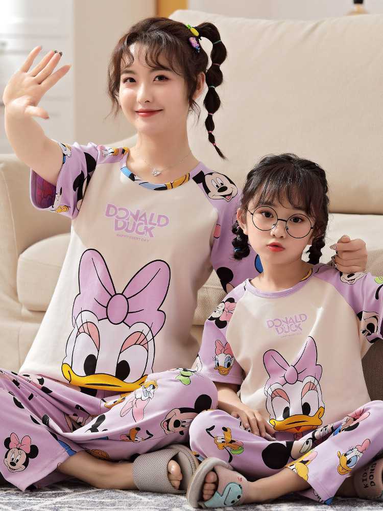 Spring short-sleeved trousers mother and daughter parent-child pure cotton pajamas suit on sale 11