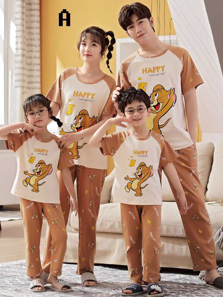Spring short-sleeved trousers mother and daughter parent-child pure cotton pajamas suit on sale 14