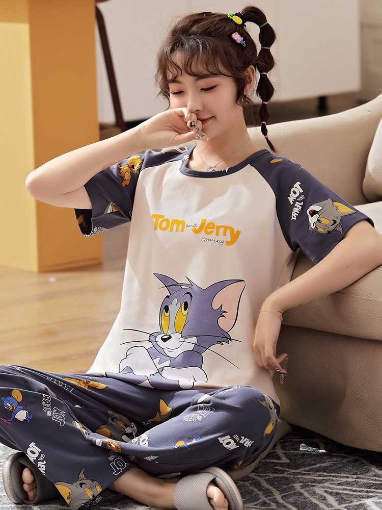 Spring short-sleeved trousers mother and daughter parent-child pure cotton pajamas suit on sale 15