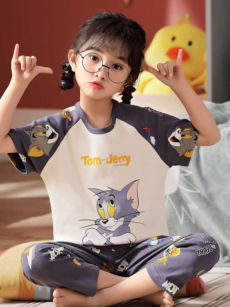 Spring short-sleeved trousers mother and daughter parent-child pure cotton pajamas suit on sale 20