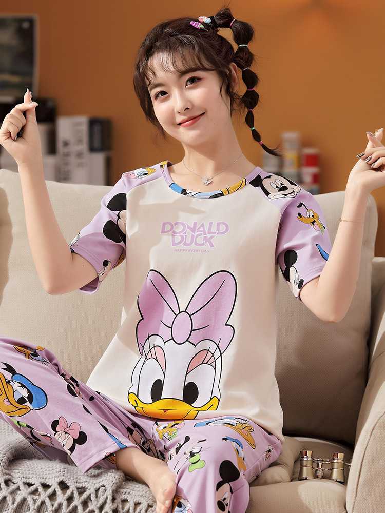 Spring short-sleeved trousers mother and daughter parent-child pure cotton pajamas suit on sale 23