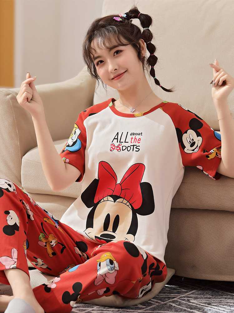 Spring short-sleeved trousers mother and daughter parent-child pure cotton pajamas suit on sale 24