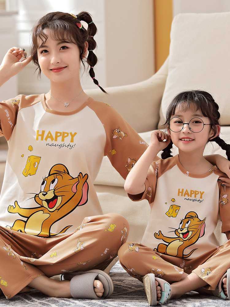 Spring short-sleeved trousers mother and daughter parent-child pure cotton pajamas suit on sale 31