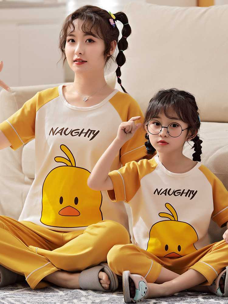 Spring short-sleeved trousers mother and daughter parent-child pure cotton pajamas suit on sale 33