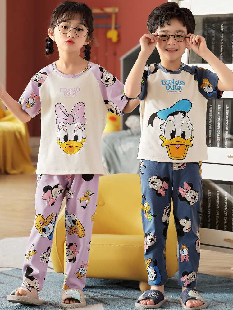 Spring short-sleeved trousers mother and daughter parent-child pure cotton pajamas suit on sale 34
