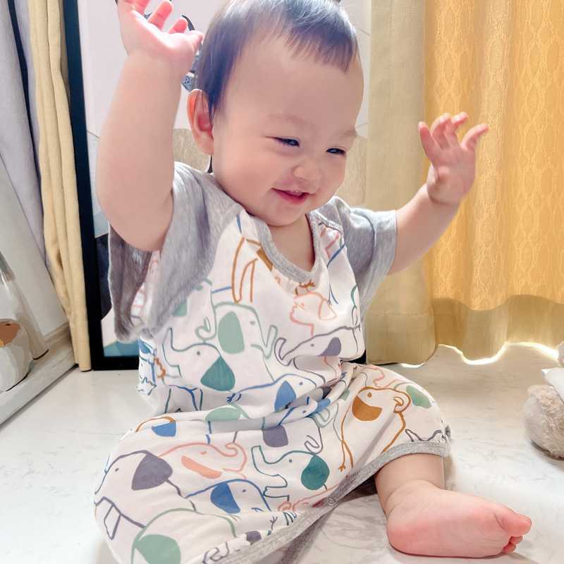 Bamboo Short Sleeve Cartoon Pajamas Sets Light Gauze Anti Kick Parent-Child Clothes on sale 21