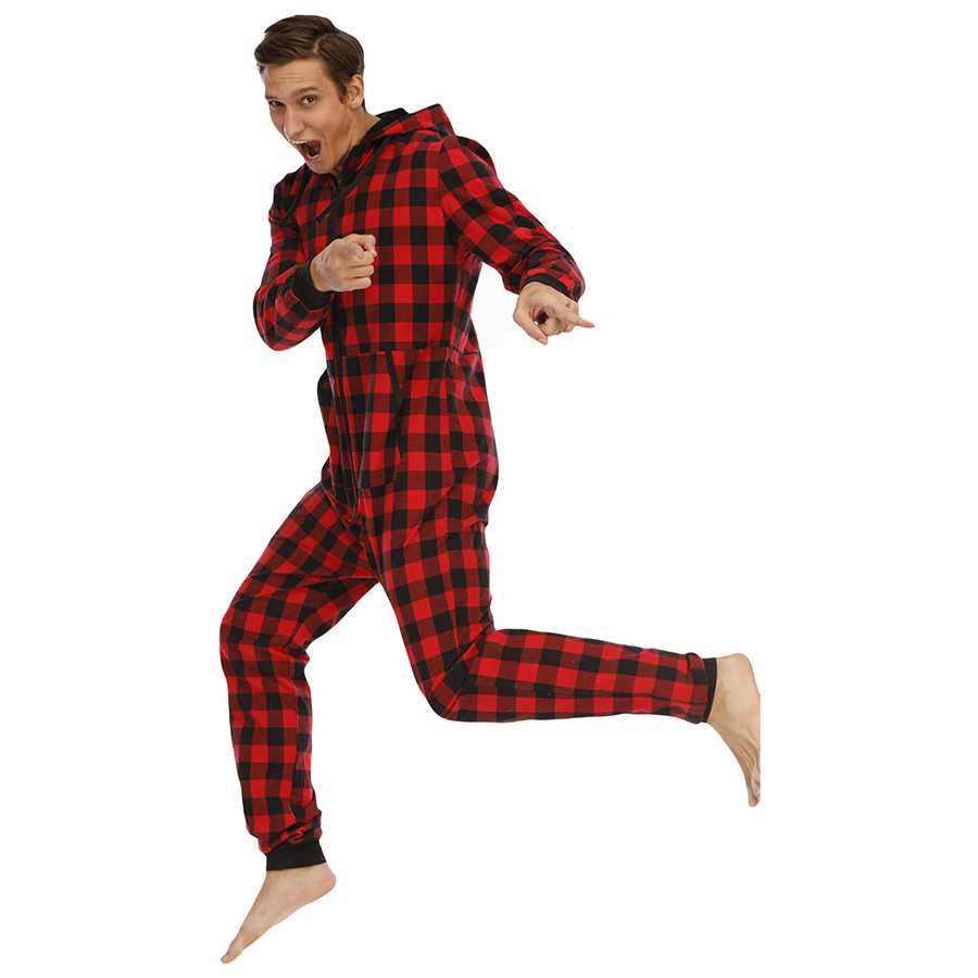 Cotton Blend Plaid Hooded Pajamas Simple 3 Colors Mens Jumpsuits on sale 7