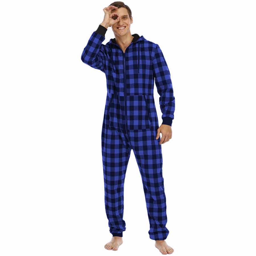 Cotton Blend Plaid Hooded Pajamas Simple 3 Colors Mens Jumpsuits on sale 2