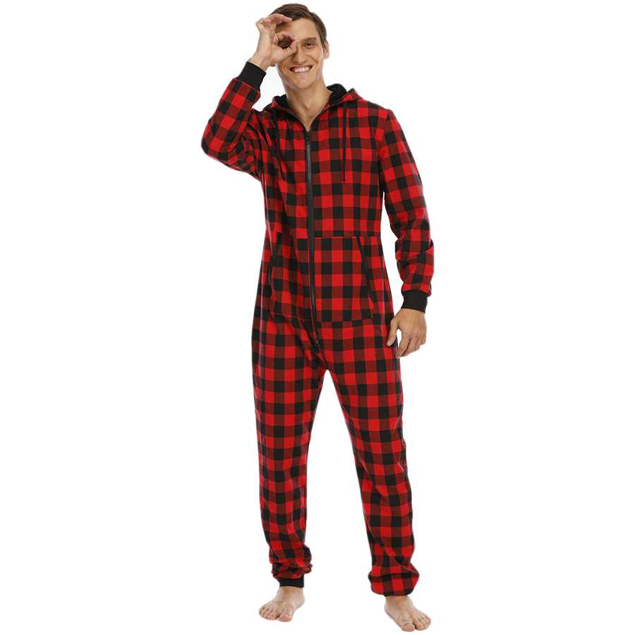 Cotton Blend Plaid Hooded Pajamas Simple 3 Colors Mens Jumpsuits on sale 3