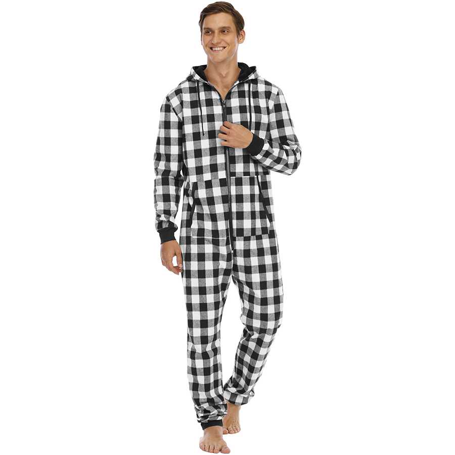 Cotton Blend Plaid Hooded Pajamas Simple 3 Colors Mens Jumpsuits on sale 4